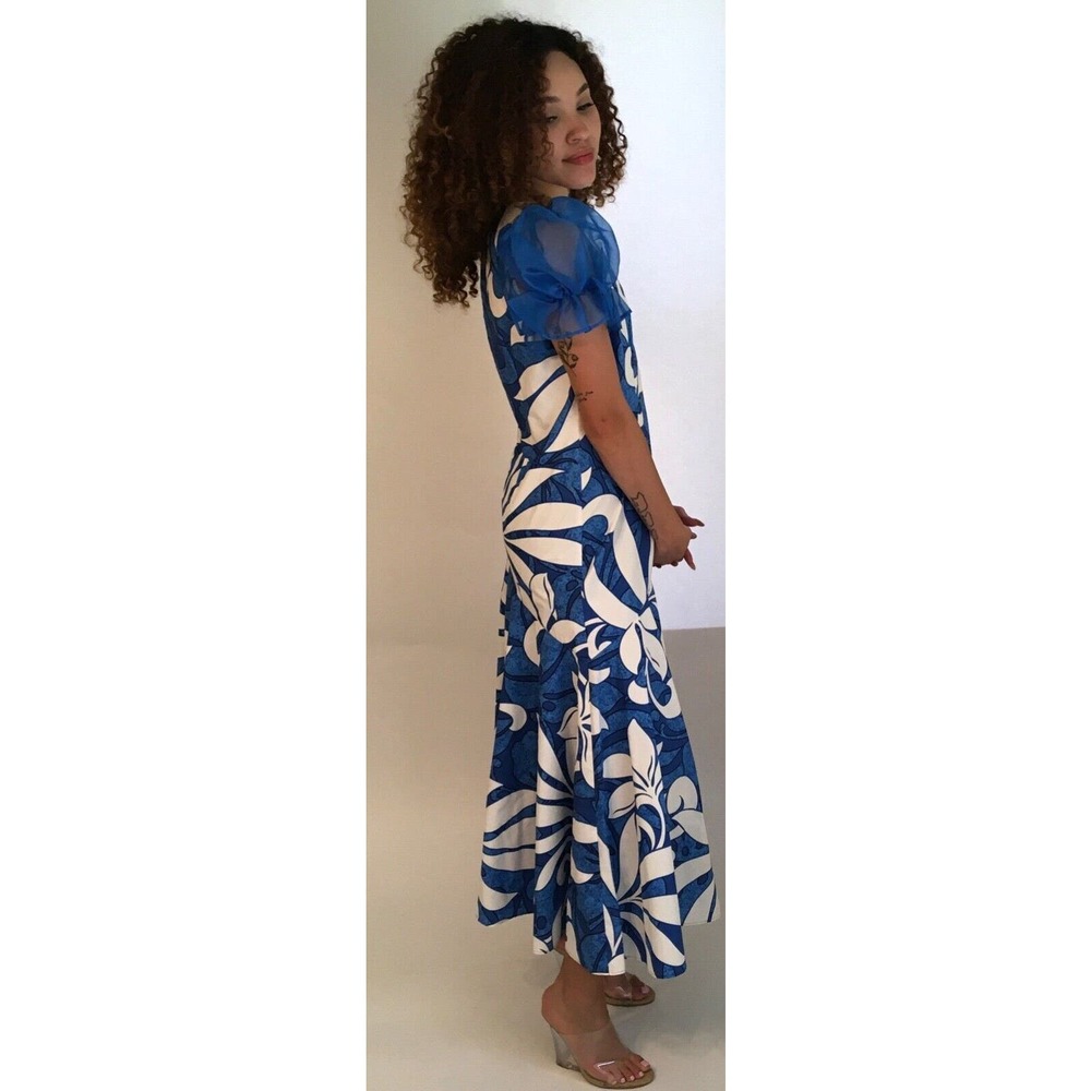 Vintage Dress Women's Medium Blue & White Tropical Floral Cotton Peplum Dress - Picture 3 of 5